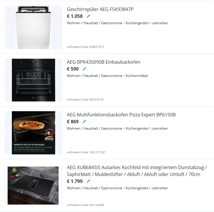 Ausschnitt aus dem D.Haring Willhaben Shop.